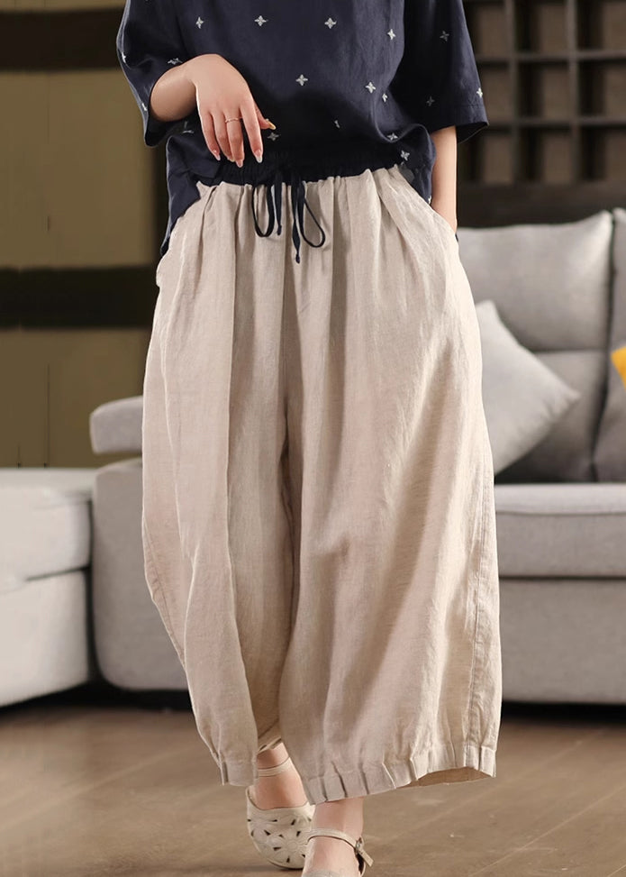 Waist Linen Leg Simple Pockets Summer Pants Elastic Wide