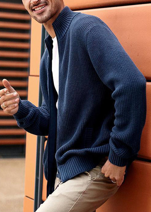 Knit Men Zip Spring Simple Navy Up Pockets Cardigan