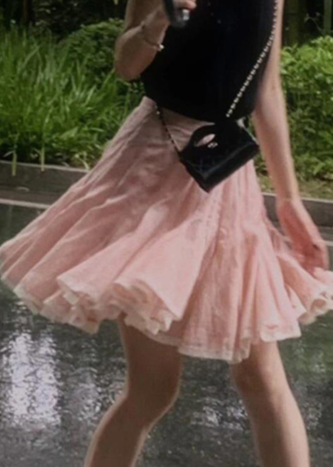 Lace Patchwork A Skirt Summer Pink Simple Line