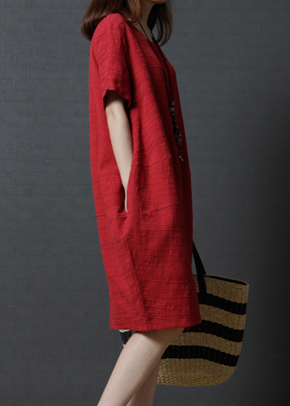 Oversized Simple Red Dress Linen Mid Summer