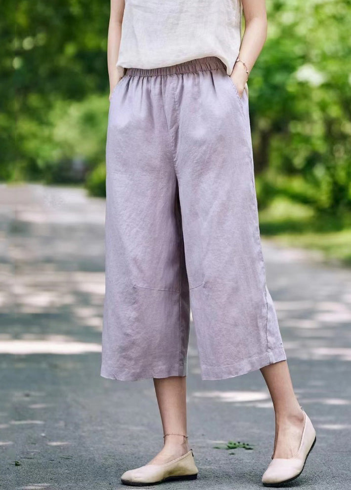 Waist Crop Elastic Pockets Pants Summer Linen White Simple
