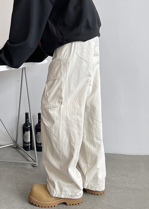 Simple Up Pants White Pockets Elastic Men Lace Cotton Waist