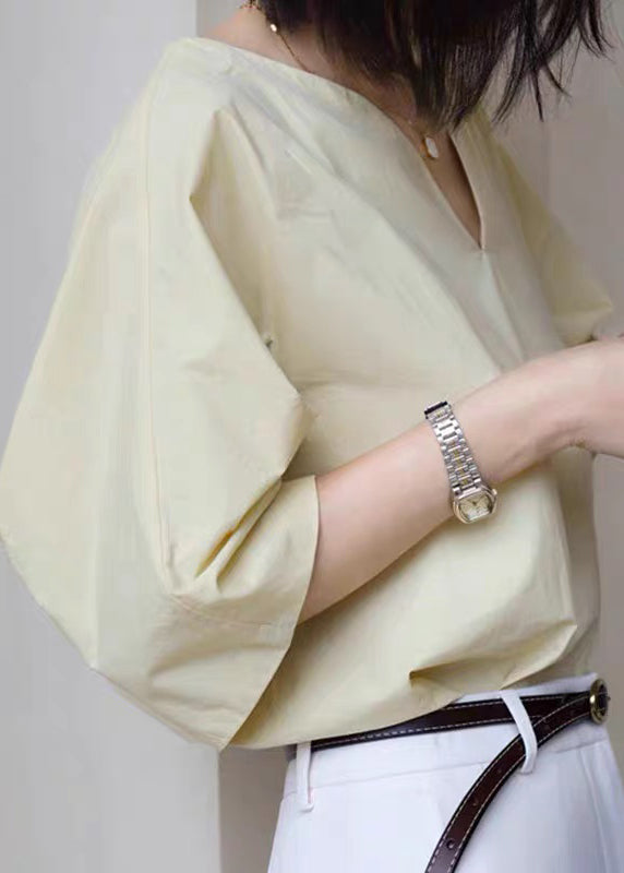 Half Neck Cotton V Solid Simple Sleeve White Shirt