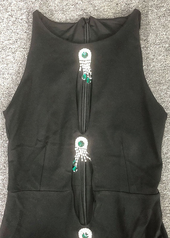 Out Dresses Hollow Slim Zircon Fit Long Cotton Black Sleeveless