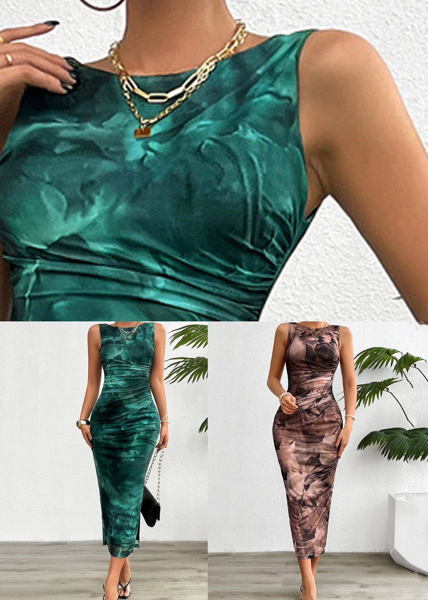 Dress Slim Green Fit Print Side Long Open Tulle Blackish
