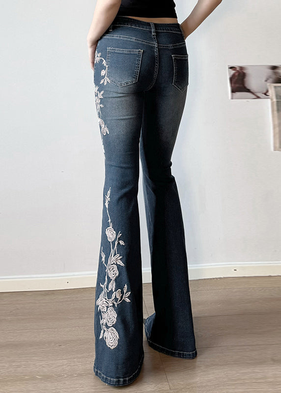 Flared Fit Denim Slim Summer Trousers Waist Blue High Embroidered