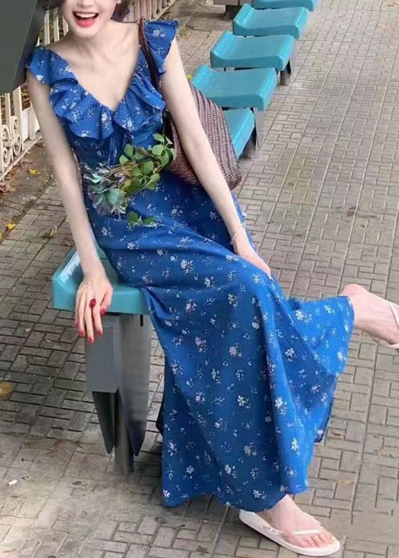 Slim Fit Blaues V-Ausschnitt Rüschen Patchwork Maxikleid Sommer UU1017