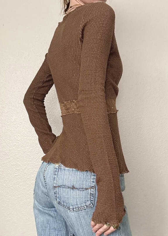 Tops Patchwork Knit Fit Spring Brown Slim Lace
