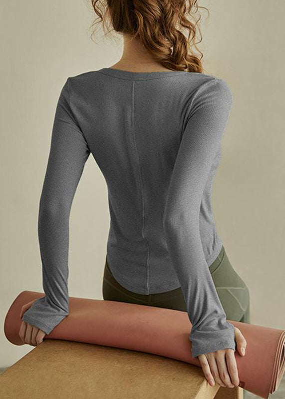 Green Fit Button Solid Slim Patchwork Yoga Top
