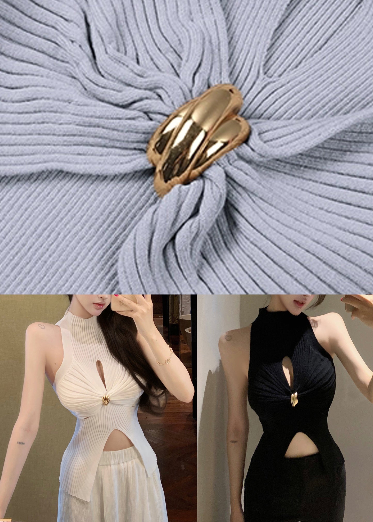 Fit Hollow Knit Sleeveless Out Turtleneck Grey Slim Tank