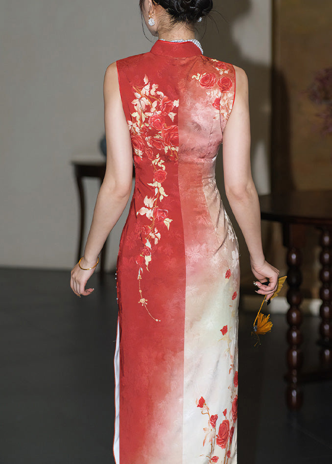 Red Silk Long Collar Fit Side Open Print Slim Stand Dresses