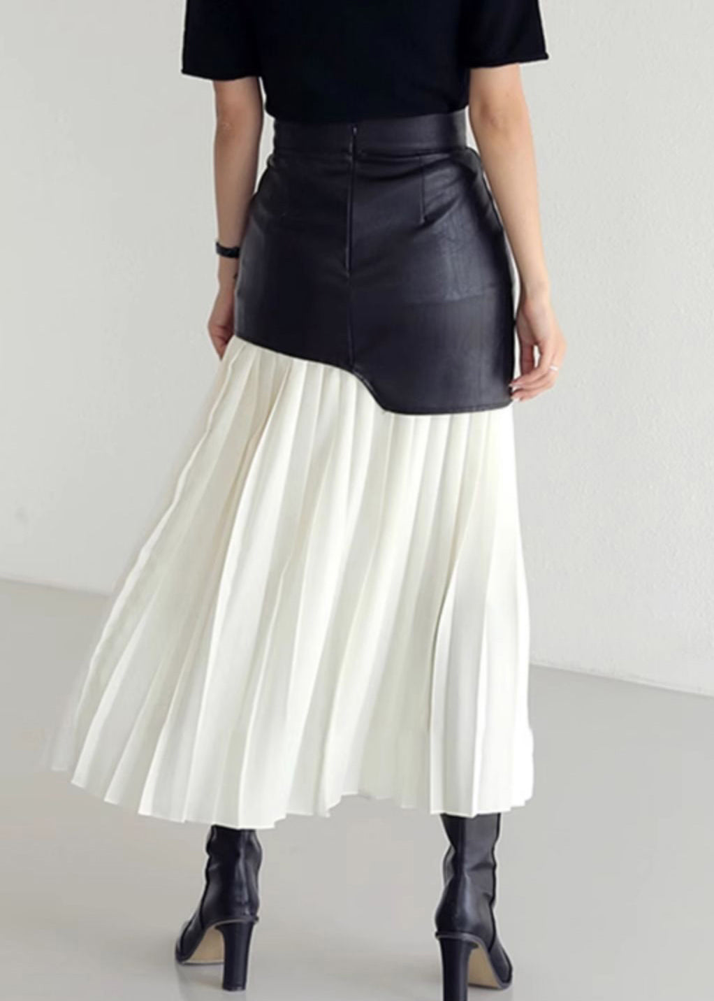 Wrinkled Faux Leather High Patchwork Waist Fit Skirt White Slim