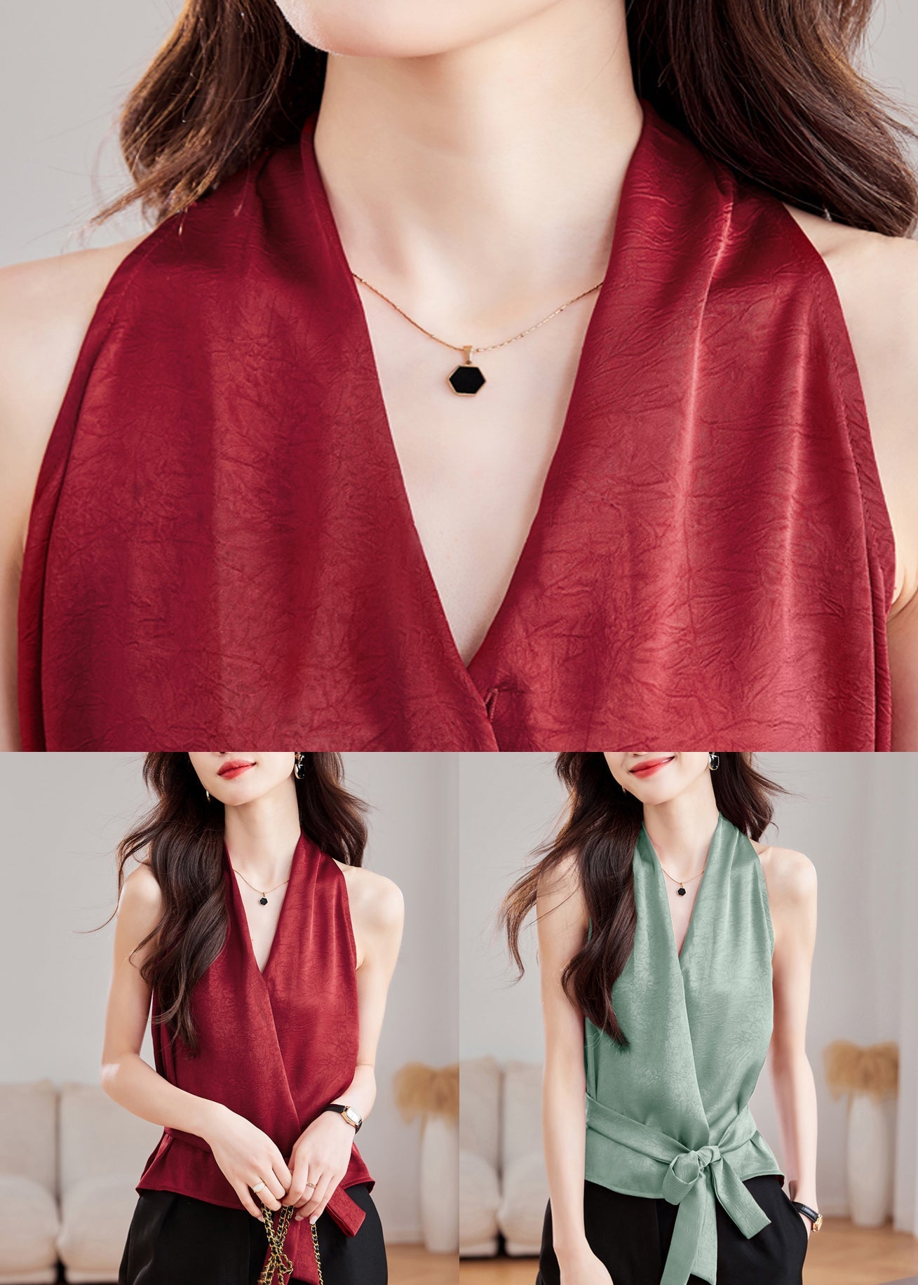 Wine Neck Waist Fit Slim Sleeveless V Red Silk Tank Tie