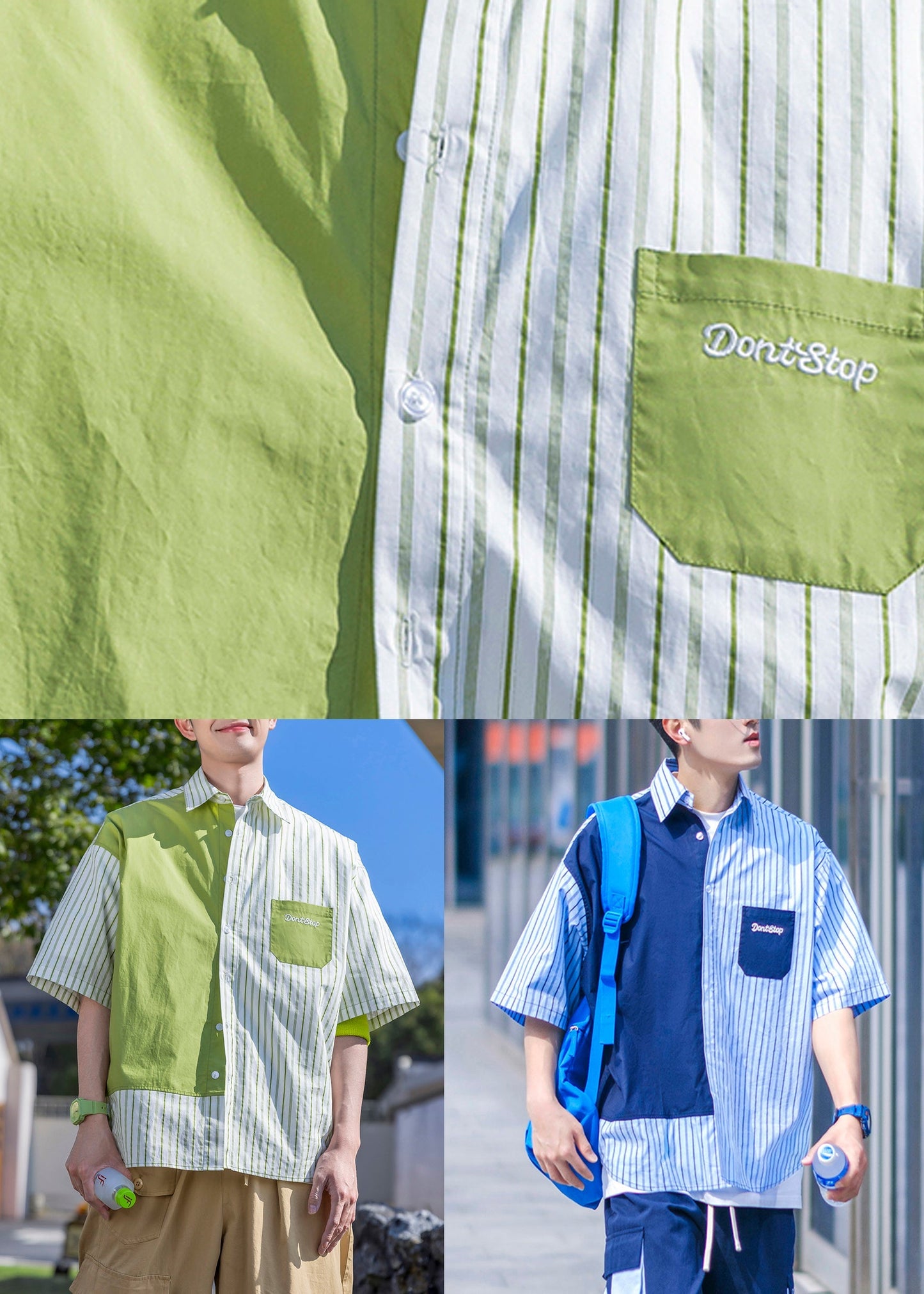 Letter Green Shirts Mens Patchwork Cotton Sleeve Striped Half