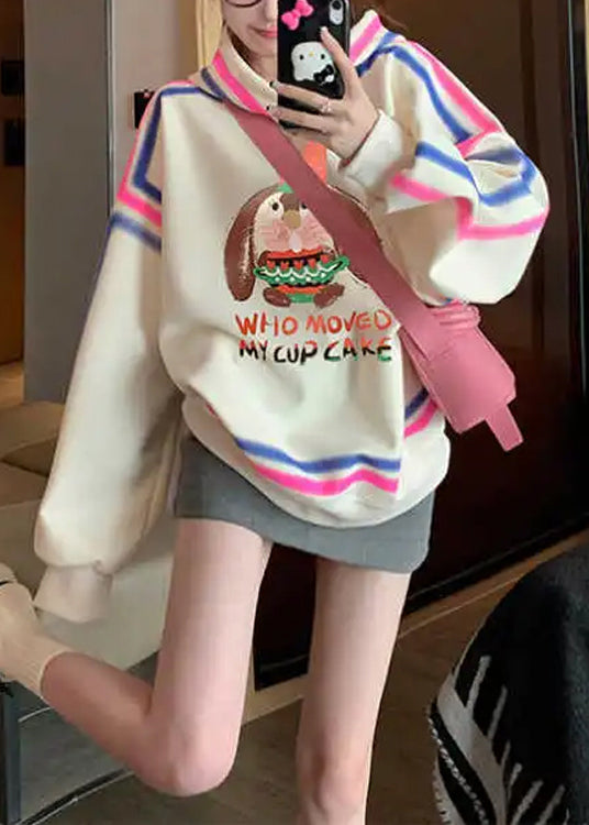 Style Apricot Hooded Cartoon Print Cotton Pullover Streetwear Spring YF006