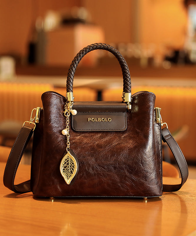 Style Solid Calf Leather Tote Black Handbag Durable