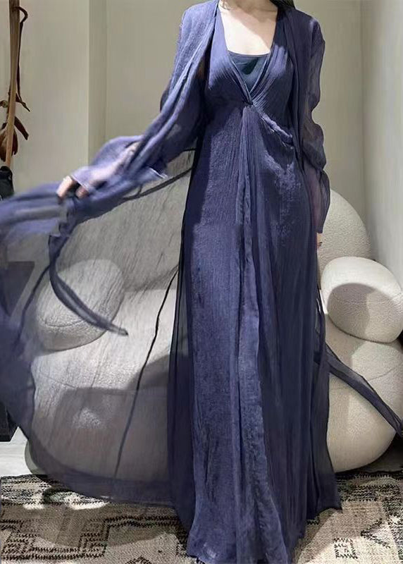 Robe longue en tulle à taille nouée et patchwork violet foncé à manches longues