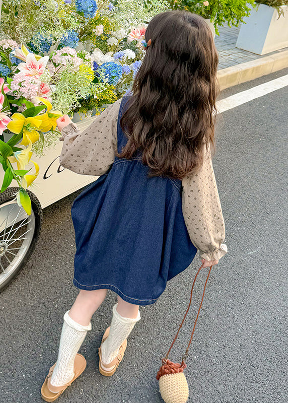 Style Denim Blue Print Patchwork Kids Long Dresses Lantern Sleeve TV032