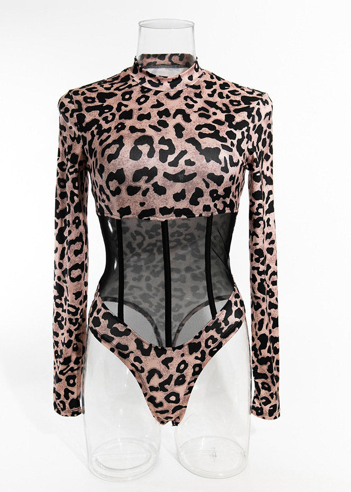 Turtleneck Patchwork Tulle Leopard Bodysuit Style