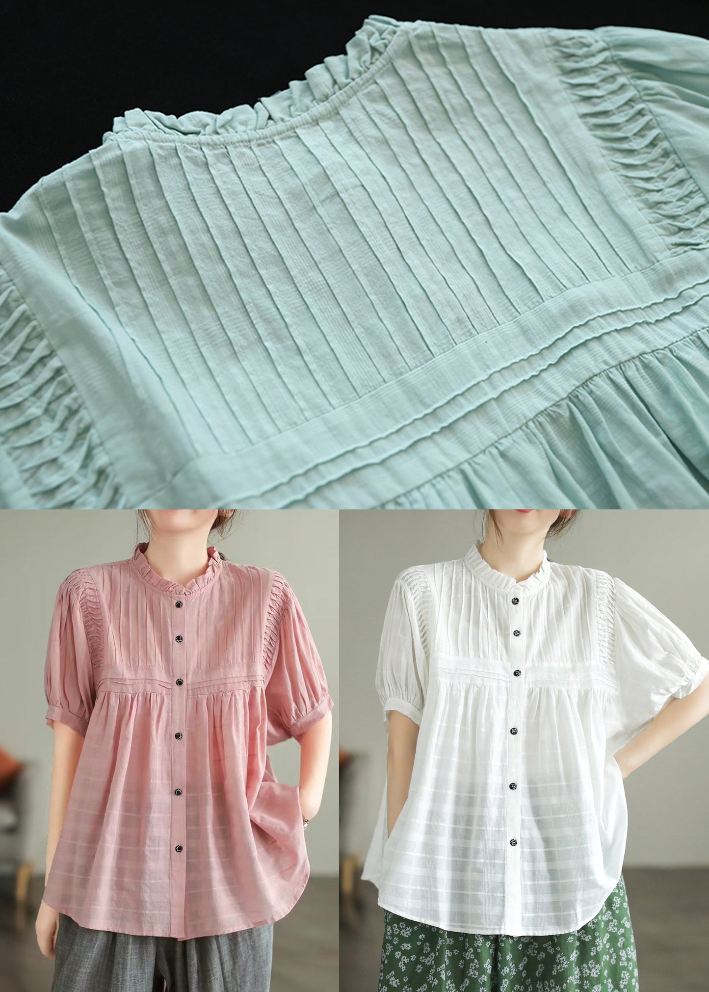 Style Cotton Wrinkled Pink Summer Ruffled Shirt