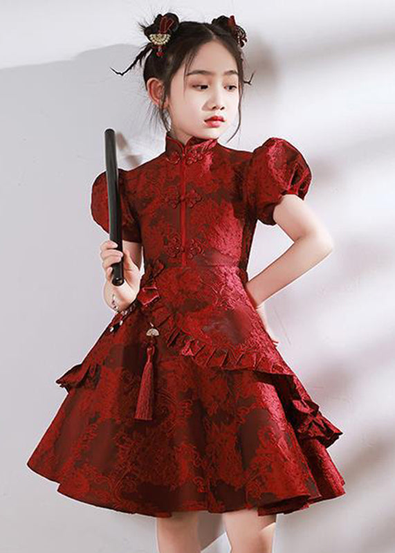 Dresses Asymmetrical Maxi Style Stand Collar Kids Red Ruffled