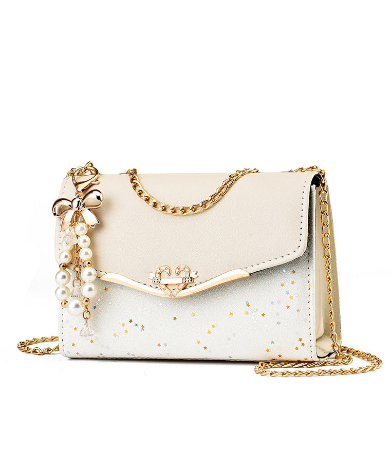 Stylish Bag Faux Chain Linked Flap Beige Leather