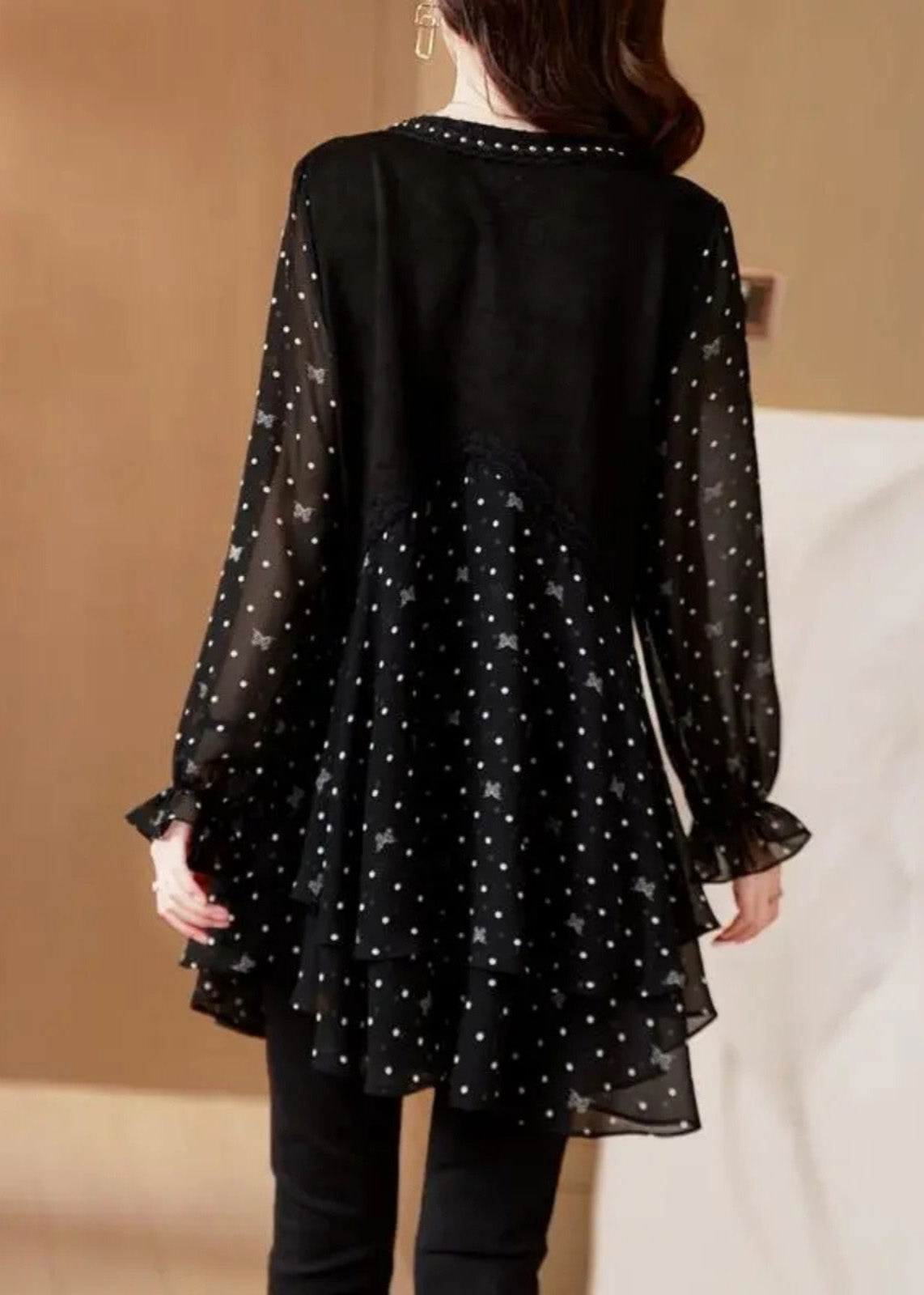Neck V Print Stylish Shirt Black Chiffon Patchwork Dot Flare