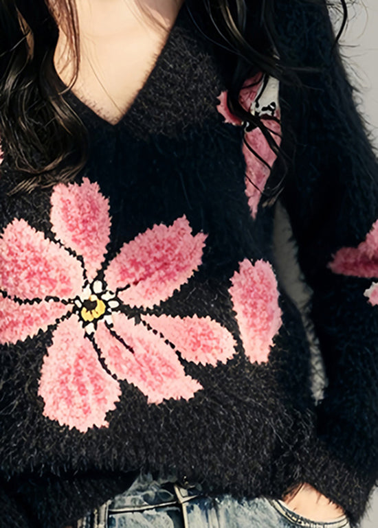 Stylish Black V Neck Floral Ma Hai Mao Knit Sweater Spring TN034