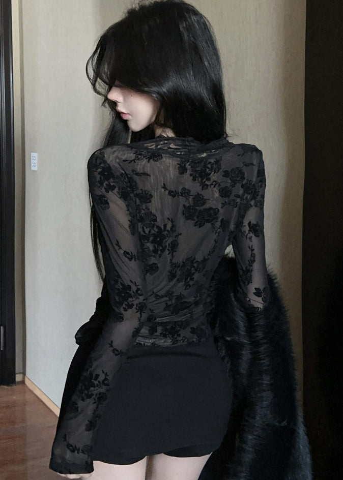 Stylish Black V Neck Sheer Lace Tops Spring YP017