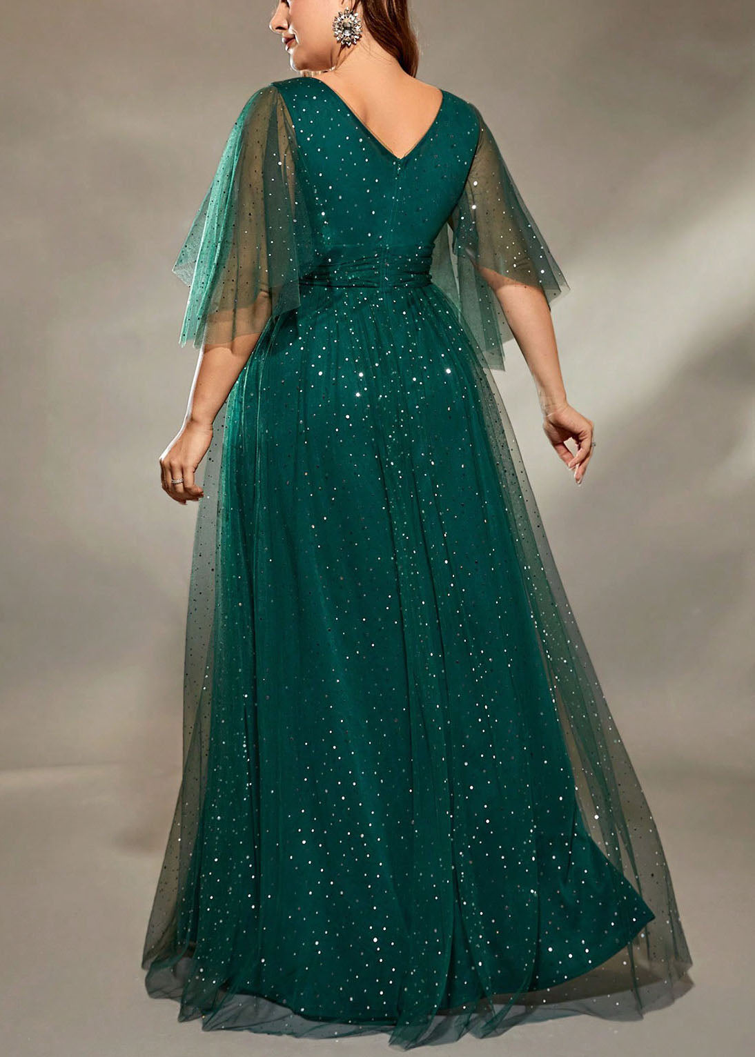 Green Tulle Sequins V Long Blackish Neck Half Dresses Stylish