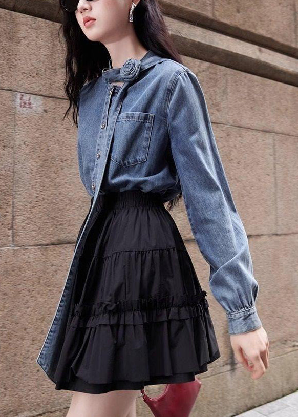 Denim Button Spring Stylish Bow Blue Pockets Shirt