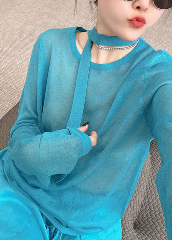 Wide Toop O-Neck And Stylish Pants Two Knit Fall Piece Blue Leg Set