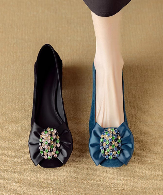 Blue Suede Splicing Loafers Bow Penny Chunky Stylish Zircon