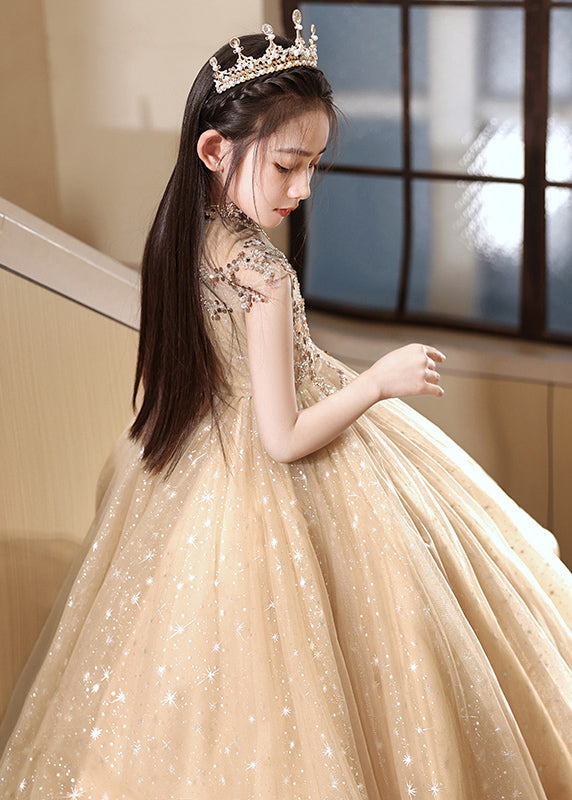 Stylish Brown Sequins Hollow Out Tulle Girls Vacation Long Dresses Sleeveless YG020