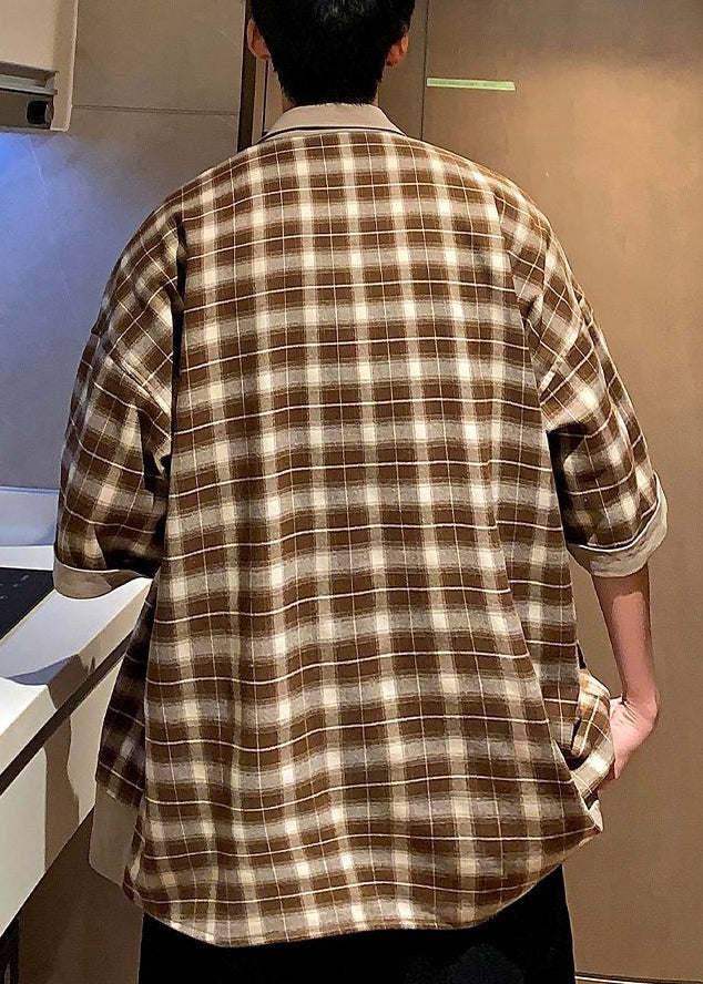 Coffee Cotton Men Shirts Summer Plaid Stylish Button