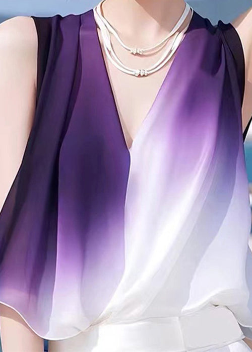 Stylish Sleeveless Chiffon Patchwork Neck V Color Tank Gradient