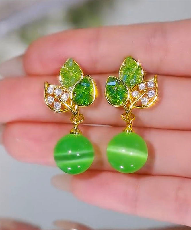 Earrings Cat's Zircon Copper Green Alloy Stylish Drop Eye Stone