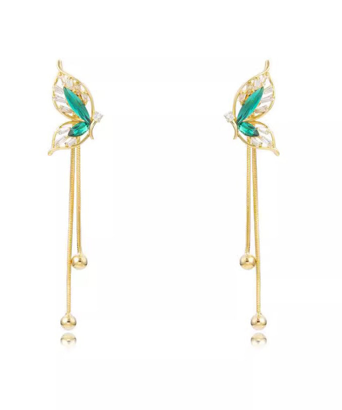 Boucles d'oreilles pendantes élégantes en argent sterling vert avec pampilles en forme de papillon surdoré PO039