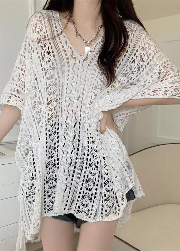 V Summer Out Knit Hollow Green Neck Tops Shirt Stylish