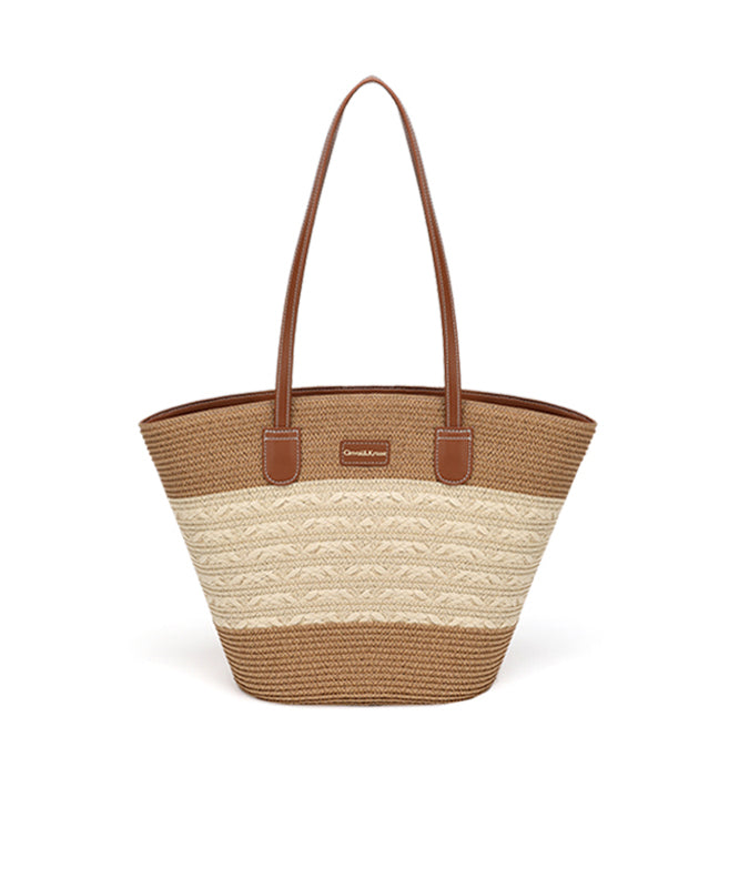 Woven Shoulder Straw Bag Capacity Large Khaki Durable Stylish