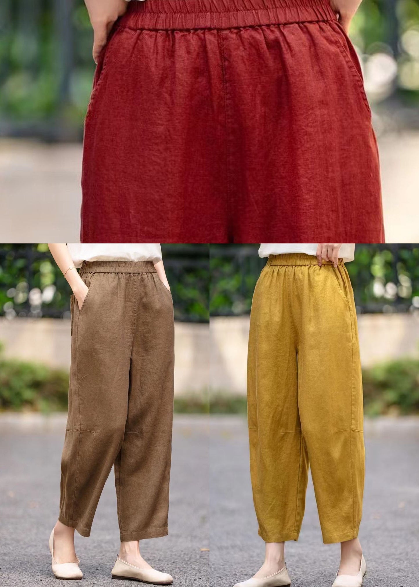 Mulberry Elastic Waist Pockets Summer Stylish Harem Pants Linen