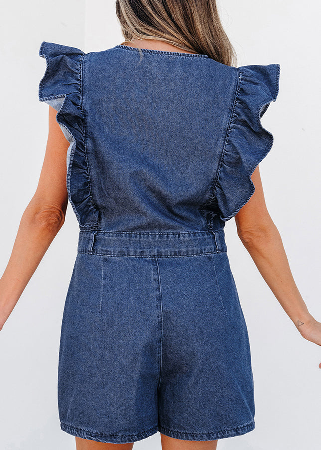 Stylish Zippered Navy Denim Short O-Neck Jumpsuit Ruffled Sleeve