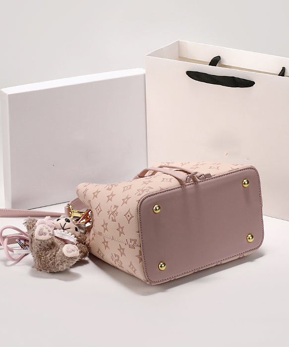 Pink Bucket Bag Embossed Calf Leather Stylish