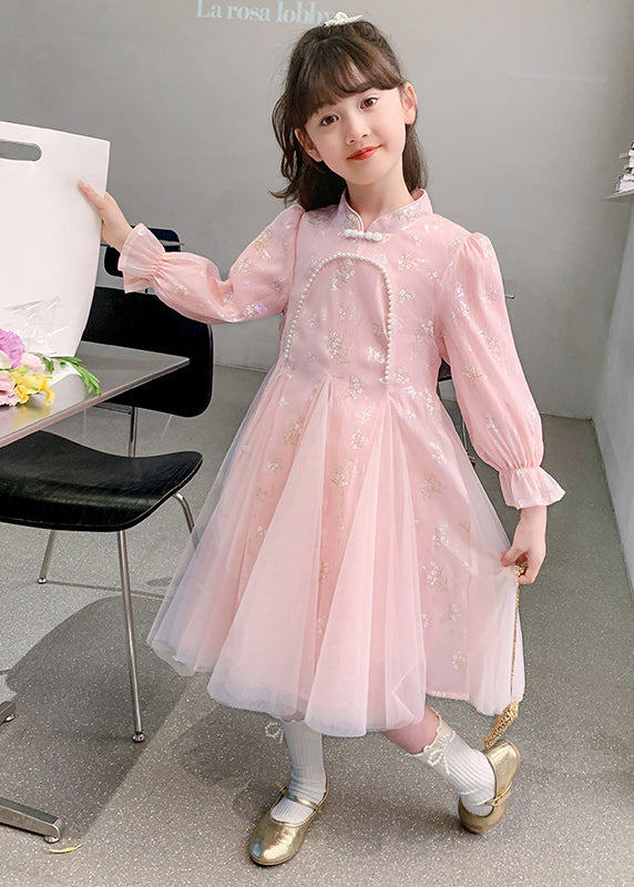 Floral Sleeve Long Stylish Tulle Nail Bead Pink Kids Dresses
