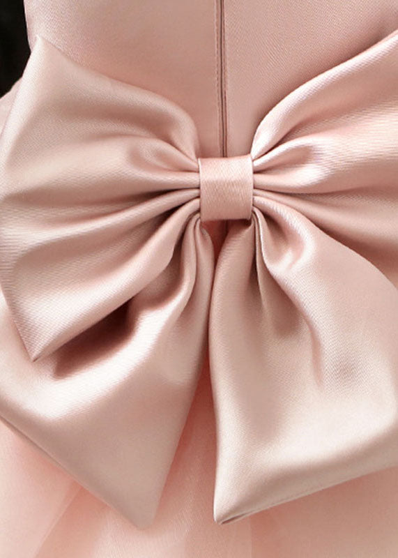 Stylish Pink Pearl Patchwork Bow Tulle Girls Maxi Dresses Summer YS005