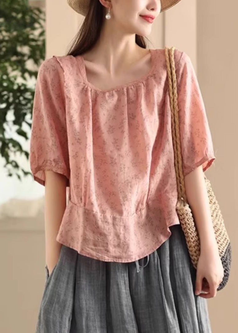 Wear Stylish Blouses Print Both Linen Collar Square On Sides Pink