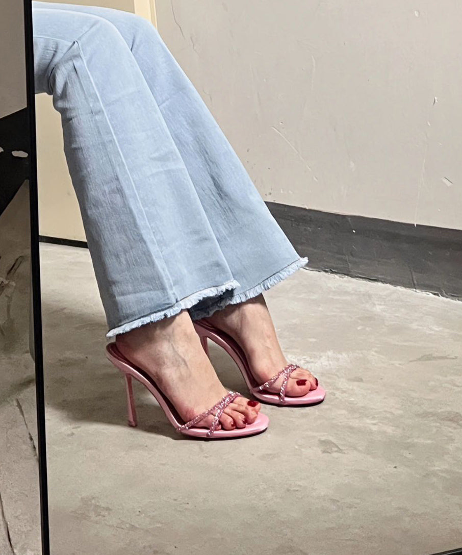 Pink Stiletto Slide Sandals Toe Stylish Zircon Splicing Peep