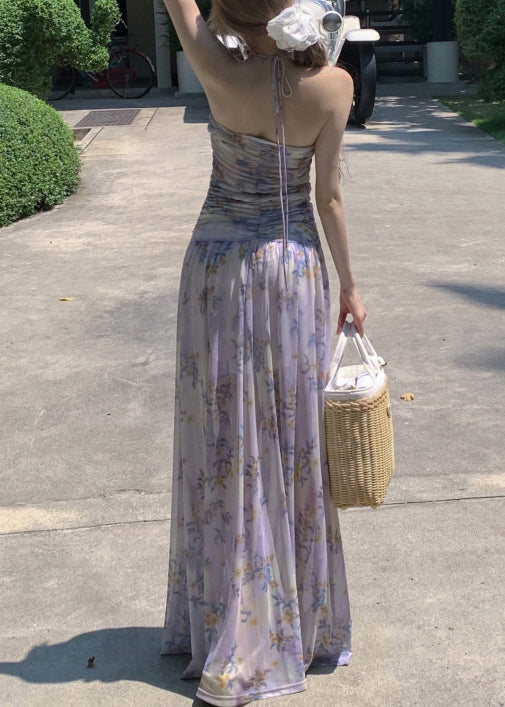 Dresses Stylish Print Long Up Sleeveless Tulle Lace Purple