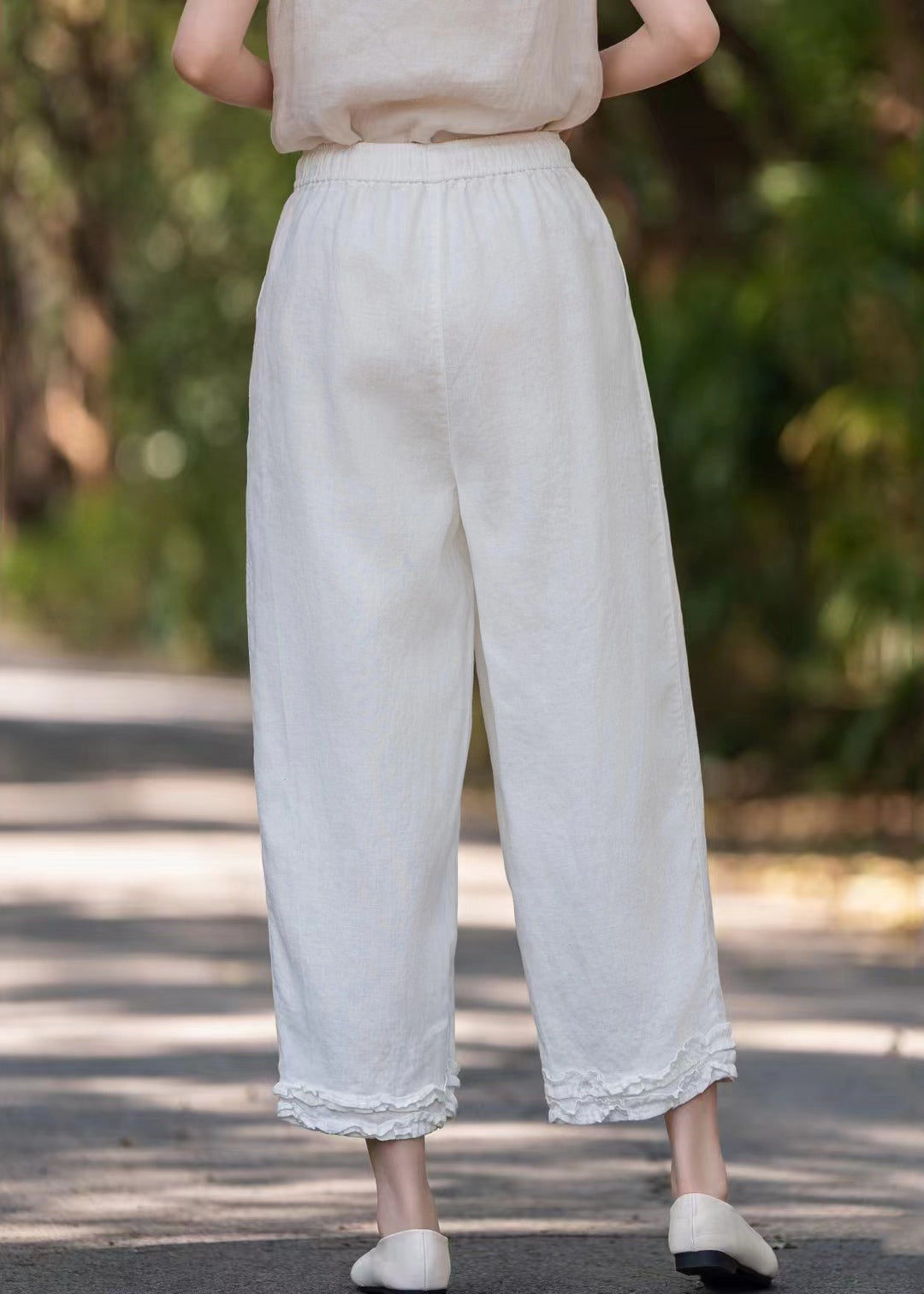 Linen Wide Stylish Pockets Leg Pants Ruffled Solid Purple