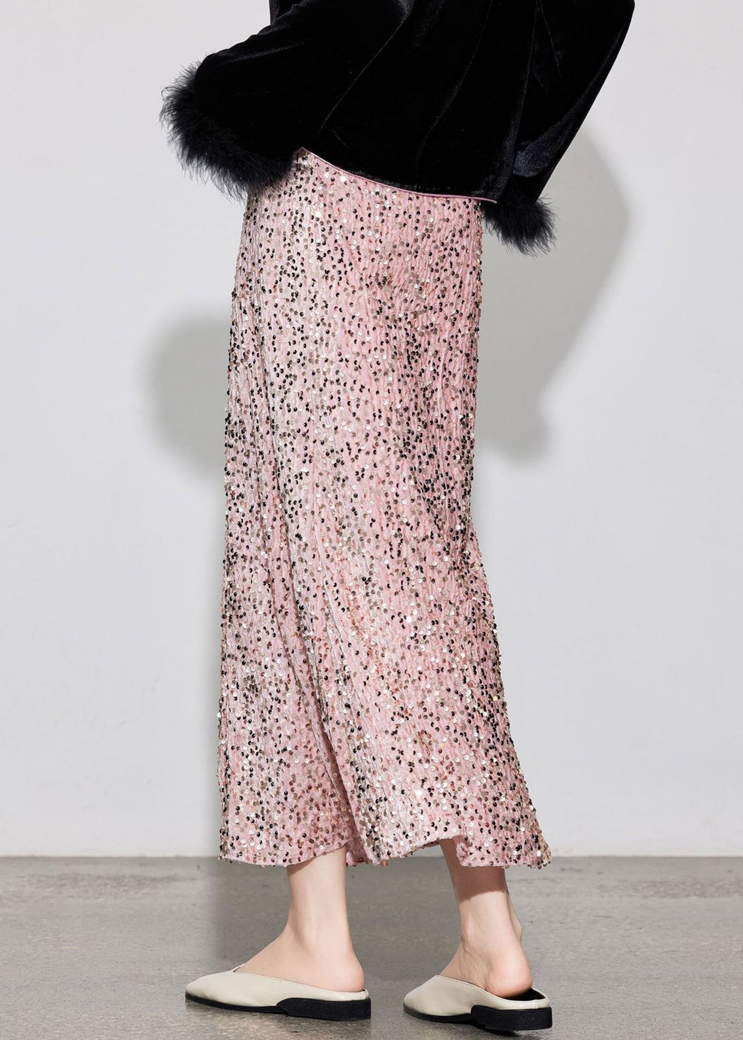 Stylish Velvet Silk Purple Sequins Spring Elastic Waist Skirt